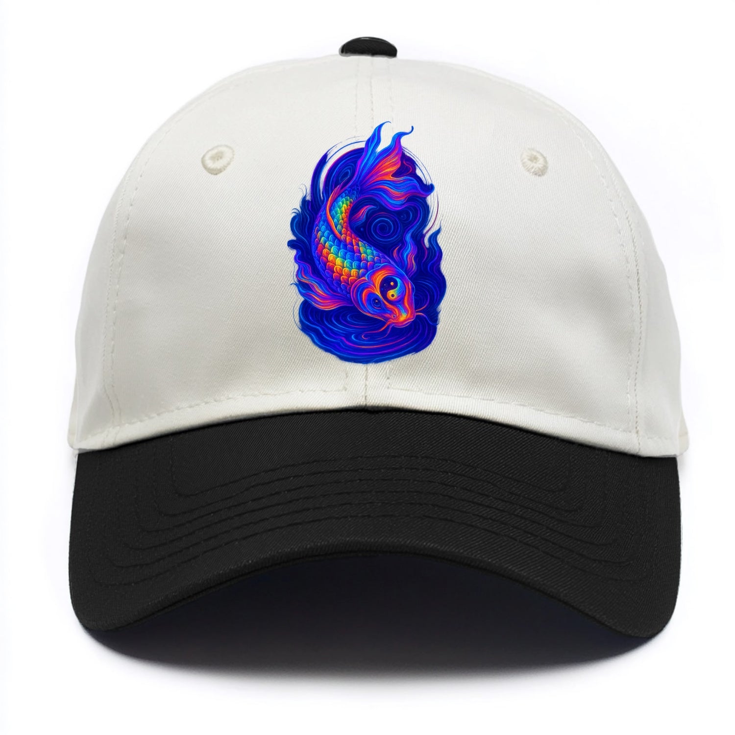 Sacred koi with scales reflecting rainbow prisms, yin-yang patterns in cosmic - Two Tone Cap - Black