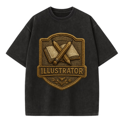 Pencils and sketchbook - illustrator badge - Vintage T-shirt - Black
