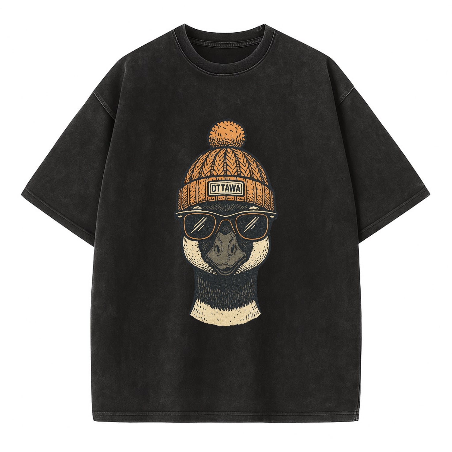 Ottawa Canadian Goose wearing Ottawa beanie with pom pom and wayfarer sunglasses - Vintage T-shirt - Black