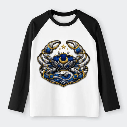 CANCER CRAB - protective crab in silver and blue , water sign - Raglan Long Sleeve T-Shirt - Black