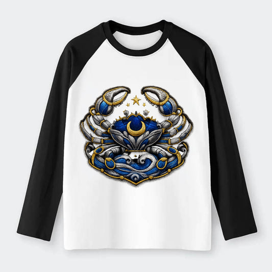 CANCER CRAB - protective crab in silver and blue , water sign - Raglan Long Sleeve T-Shirt - Black
