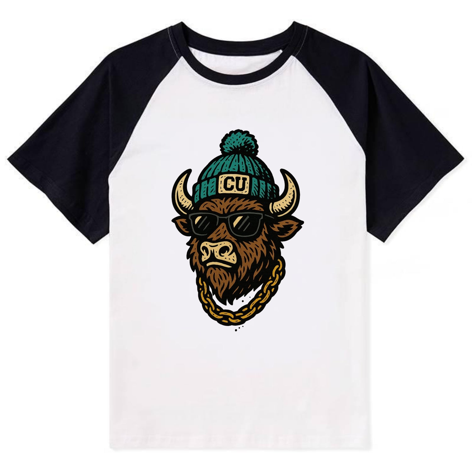 Boulder Ralphie wearing Colorado beanie with CU patch - Contrast Raglan T-shirt - Black