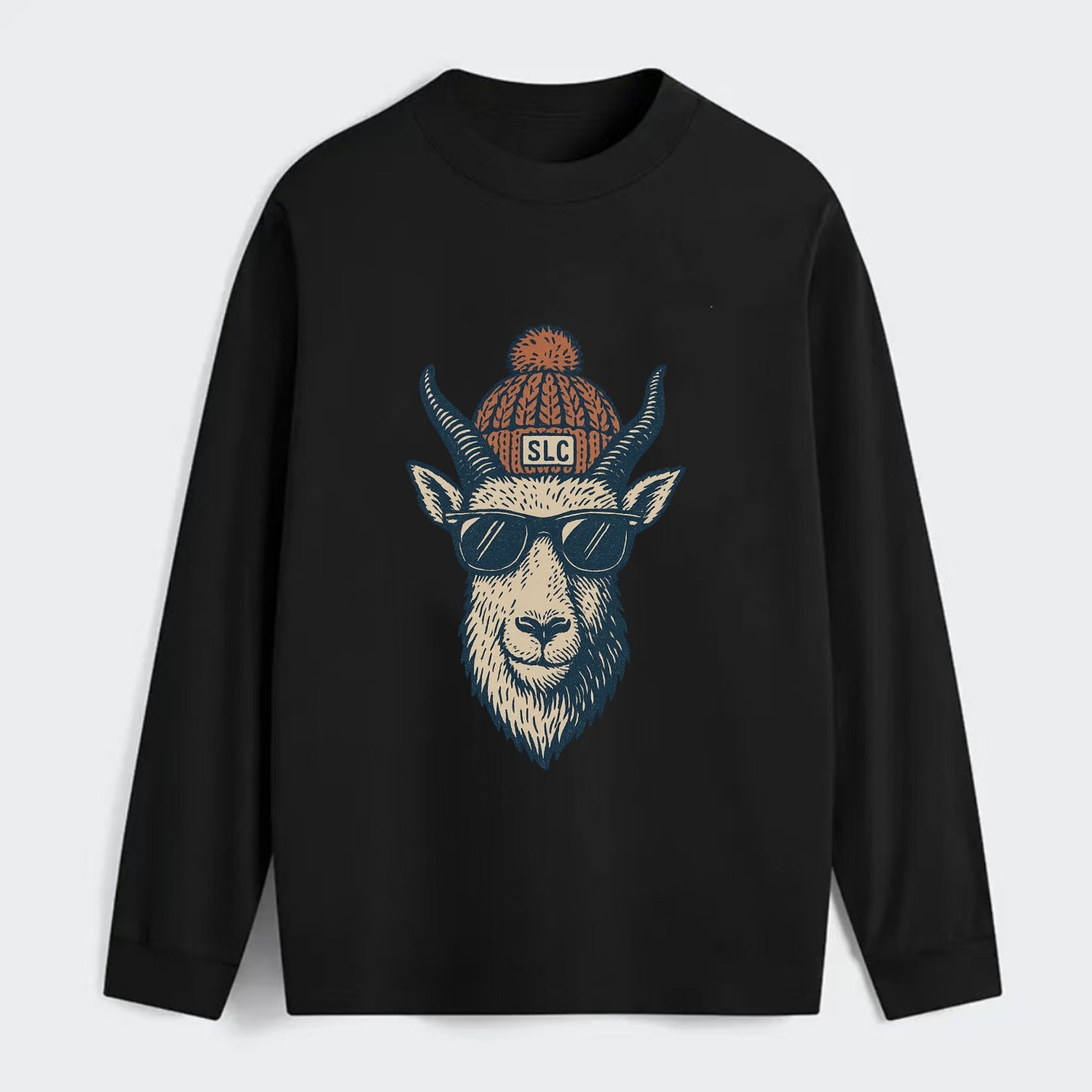 Salt Lake City Mountain Goat wearing SLC beanie with pom pom and - Classic Long Sleeve Shirt - Black