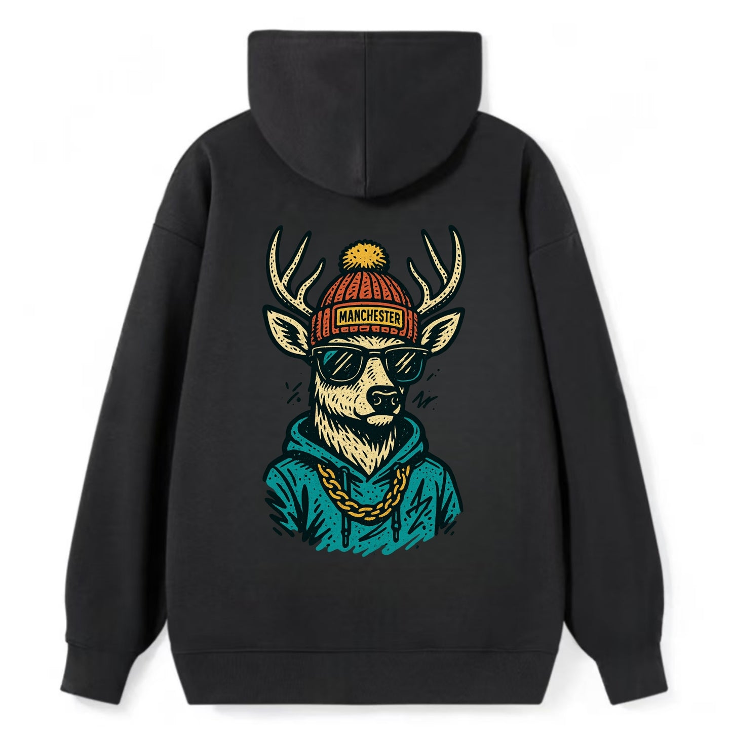 New Hampshire White-tailed Deer wearing Manchester beanie with pom pom - Classic Pullover Hoodie - Black