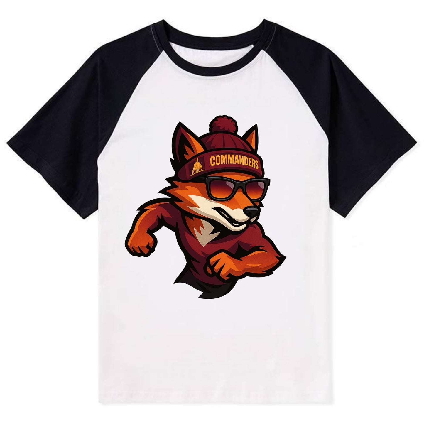 Washington Fox wearing Commanders beanie with Capitol patch and wayfarer - Contrast Raglan T-shirt - Black