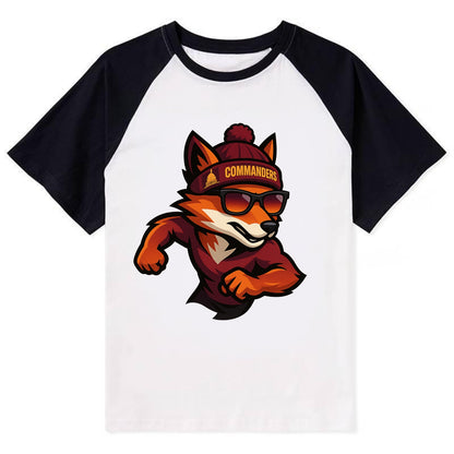 Washington Fox wearing Commanders beanie with Capitol patch and wayfarer - Contrast Raglan T-shirt - Black