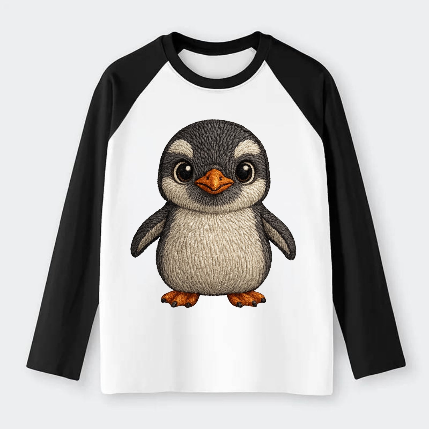 Baby Gentoo Penguin - orange beak, white cap, bright eyes, - Raglan Long Sleeve T-Shirt - Black