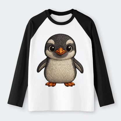 Baby Gentoo Penguin - orange beak, white cap, bright eyes, - Raglan Long Sleeve T-Shirt - Black