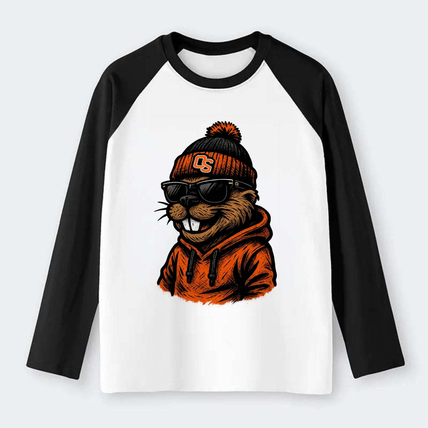 Corvallis Beaver wearing Oregon State beanie with OS patch - Raglan Long Sleeve T-Shirt - Black
