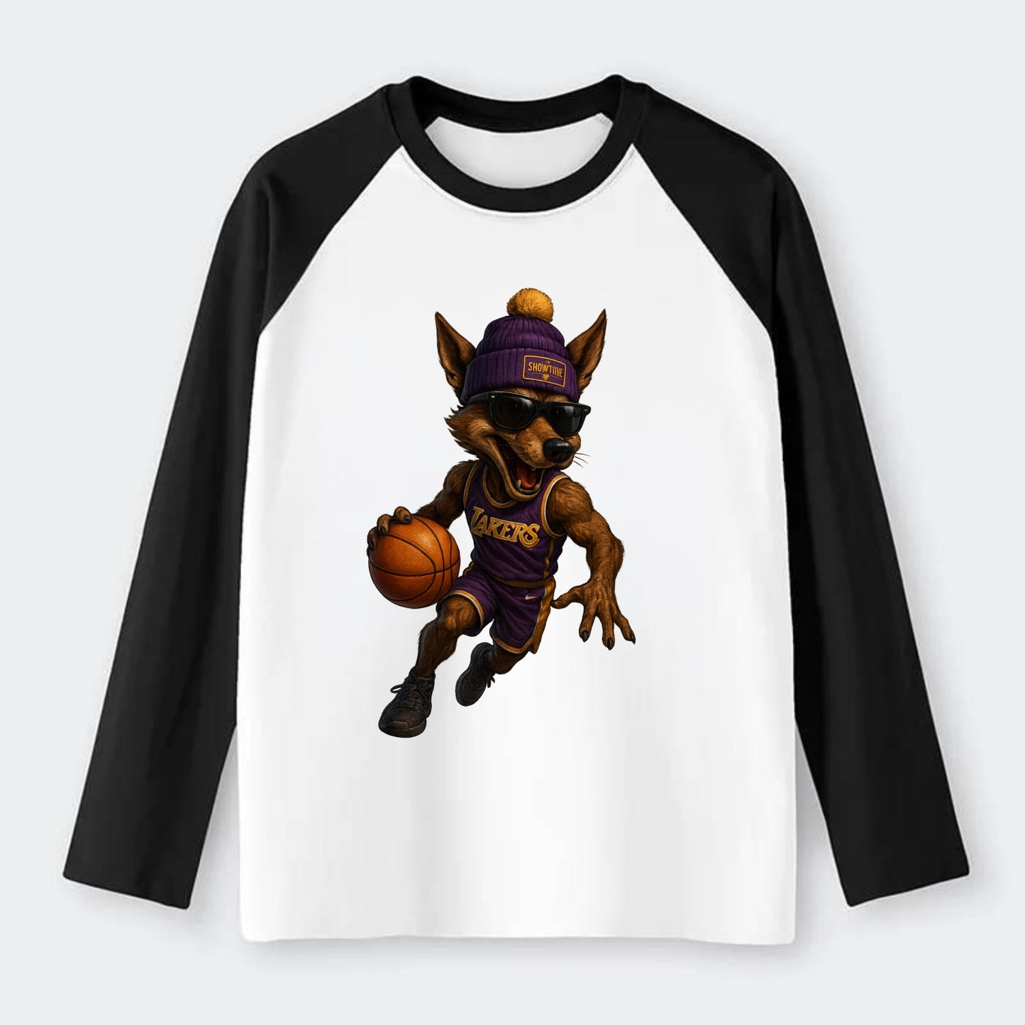 Hollywood Coyote wearing Lakers beanie with Showtime patch and - Raglan Long Sleeve T-Shirt - Black