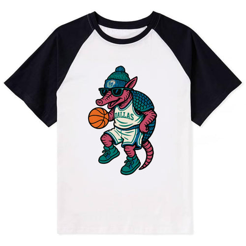Dallas Armadillo wearing Mavericks beanie with cowboy hat patch and - Contrast Raglan T-shirt