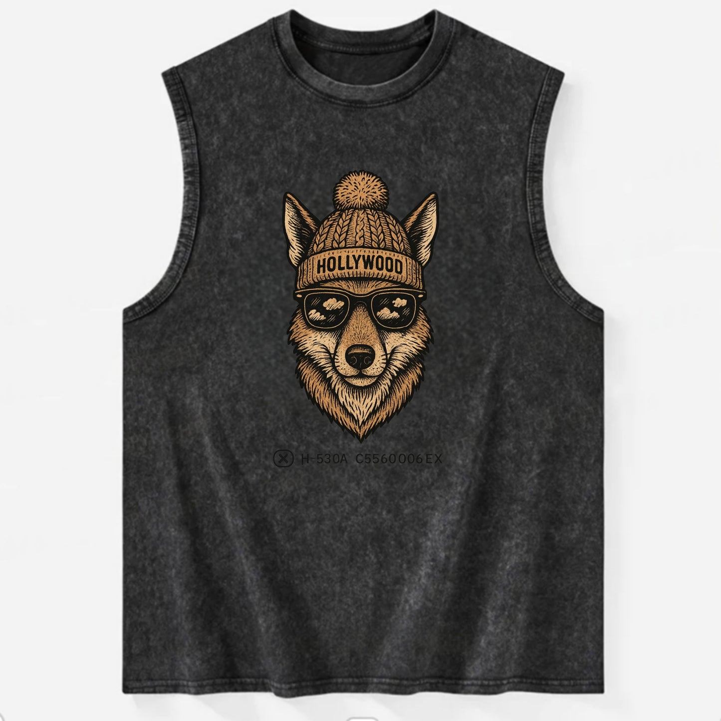 LA Coyote wearing Hollywood beanie with pom pom and wayfarer sunglasses - Vintage Washed Tank - Black