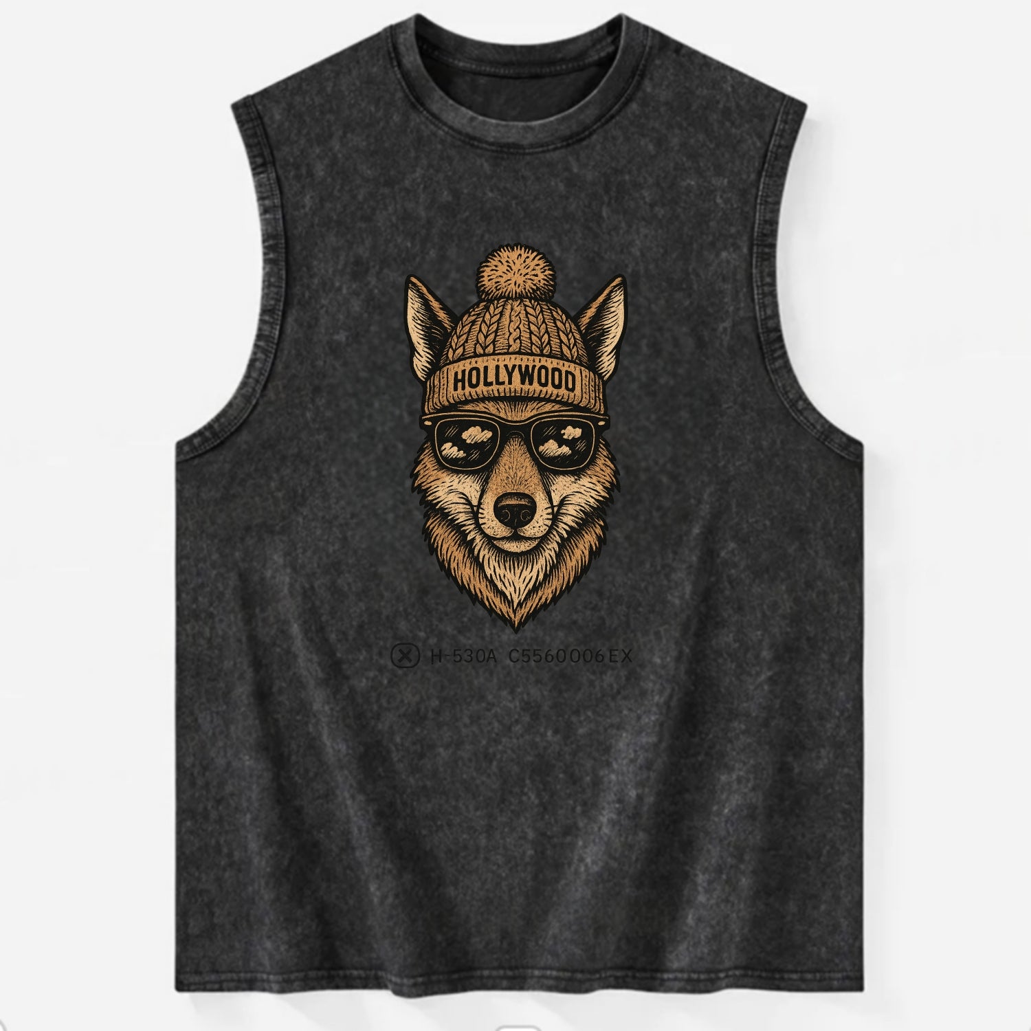 LA Coyote wearing Hollywood beanie with pom pom and wayfarer sunglasses - Vintage Washed Tank - Black