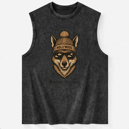 LA Coyote wearing Hollywood beanie with pom pom and wayfarer sunglasses - Vintage Washed Tank - Black