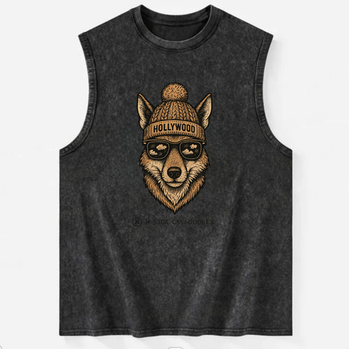 LA Coyote wearing Hollywood beanie with pom pom and wayfarer sunglasses - Vintage Washed Tank
