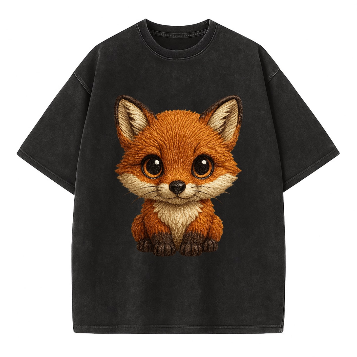 Baby Red Fox - russet fur, white chest, big amber eyes, perky ears, front-facing, - Vintage T-shirt - Black