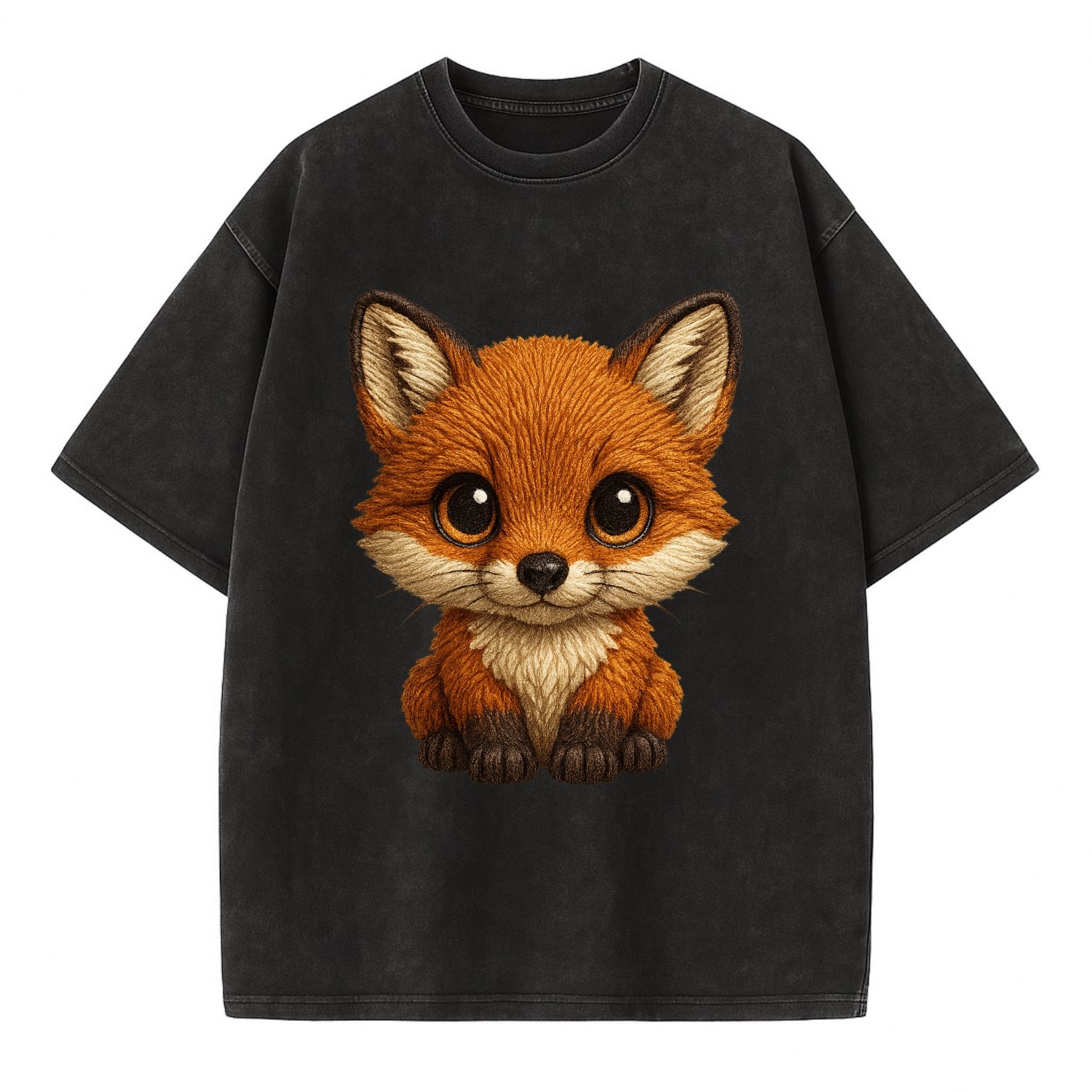 Baby Red Fox - russet fur, white chest, big amber eyes, perky ears, front-facing, - Vintage T-shirt - Black