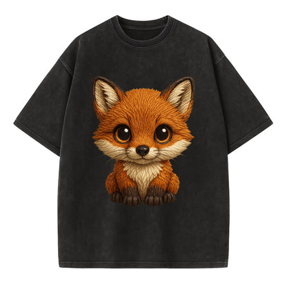 Baby Red Fox - russet fur, white chest, big amber eyes, perky ears, front-facing, - Vintage T-shirt - Black