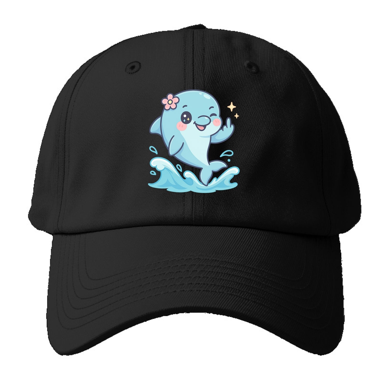 smiling dolphin jumping through ocean waves, one fin up with attitude - Baseball Cap - Black