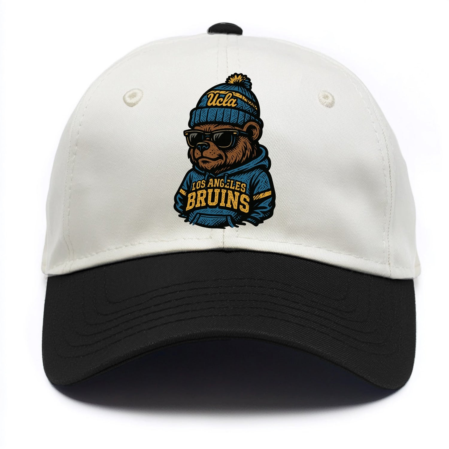 Los Angeles Bruin wearing UCLA beanie with script patch - Two Tone Cap - Black