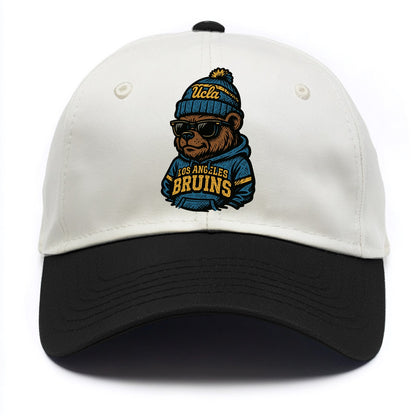 Los Angeles Bruin wearing UCLA beanie with script patch - Two Tone Cap - Black