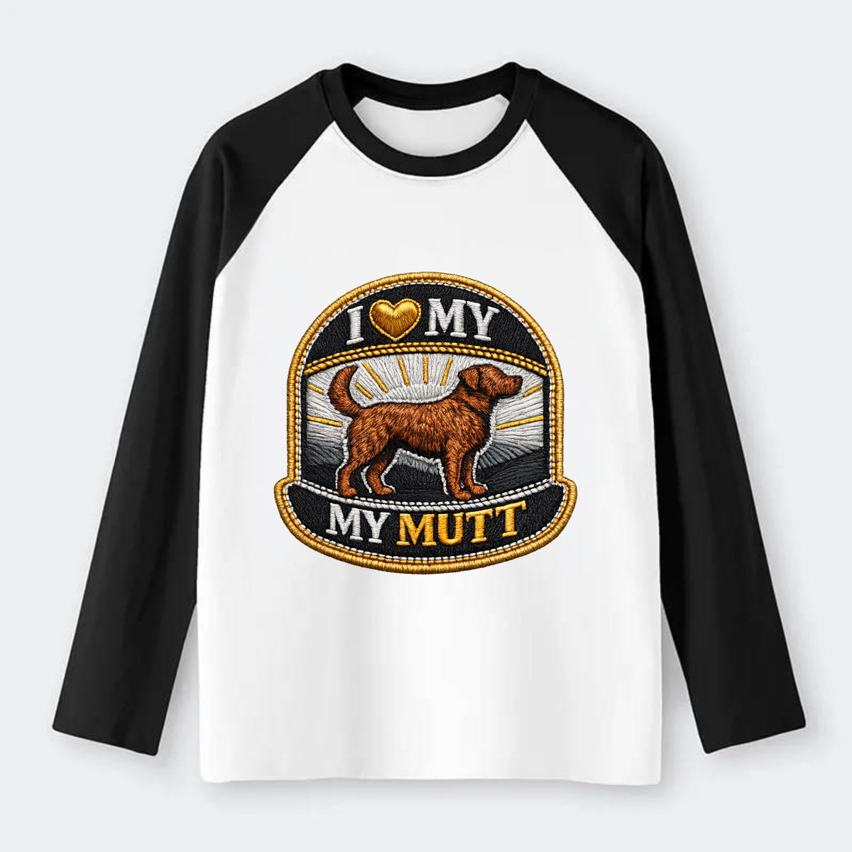 I LOVE MY MUTT - mixed breed silhouette in brown , rescue pride - Raglan Long Sleeve T-Shirt - Black