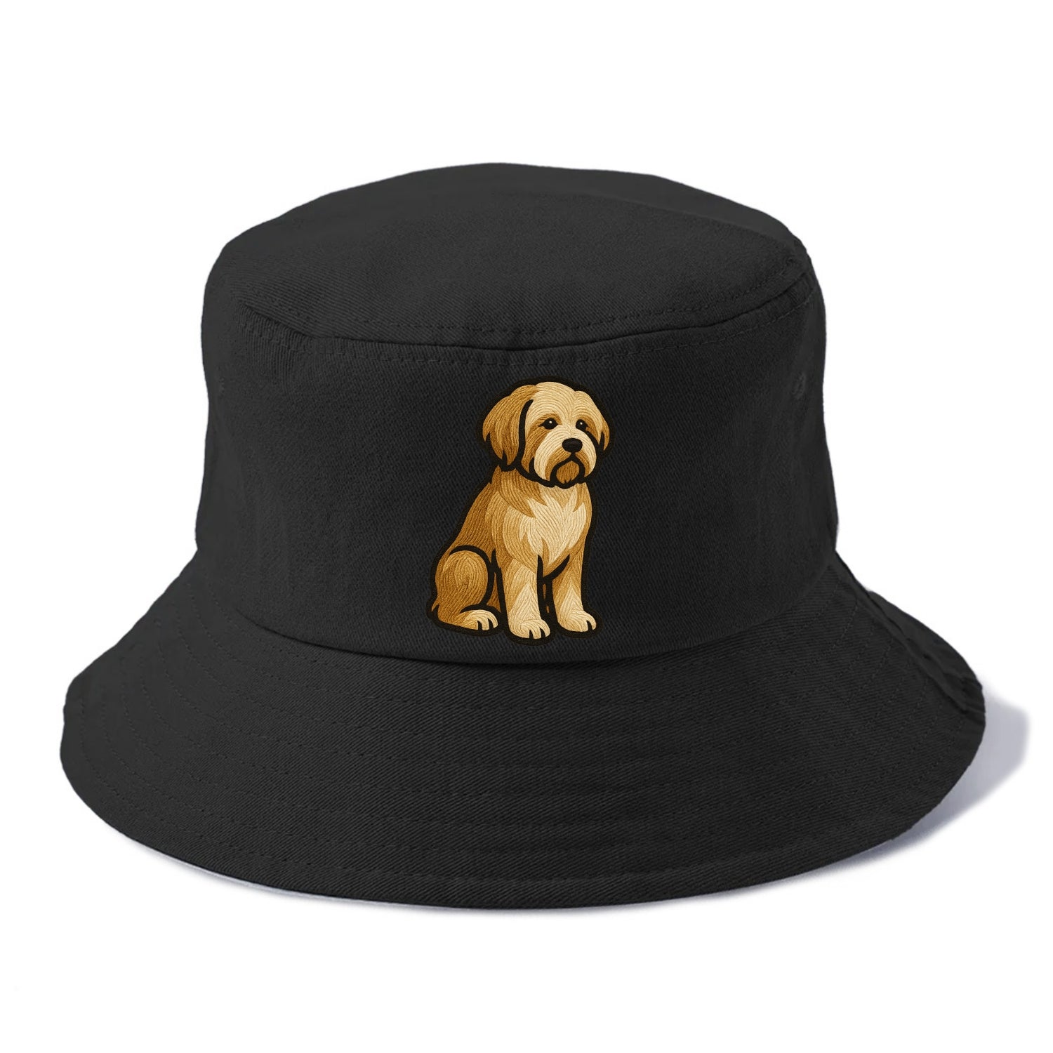 Tibetan Terrier - Gold and white embroidered sitting pose - Bucket Hat - Black