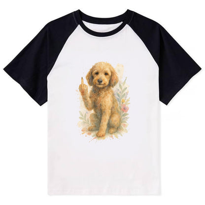 Labradoodle hypoallergenic with wavy coat, intelligent eyes, paw raised - Contrast Raglan T-shirt - Black