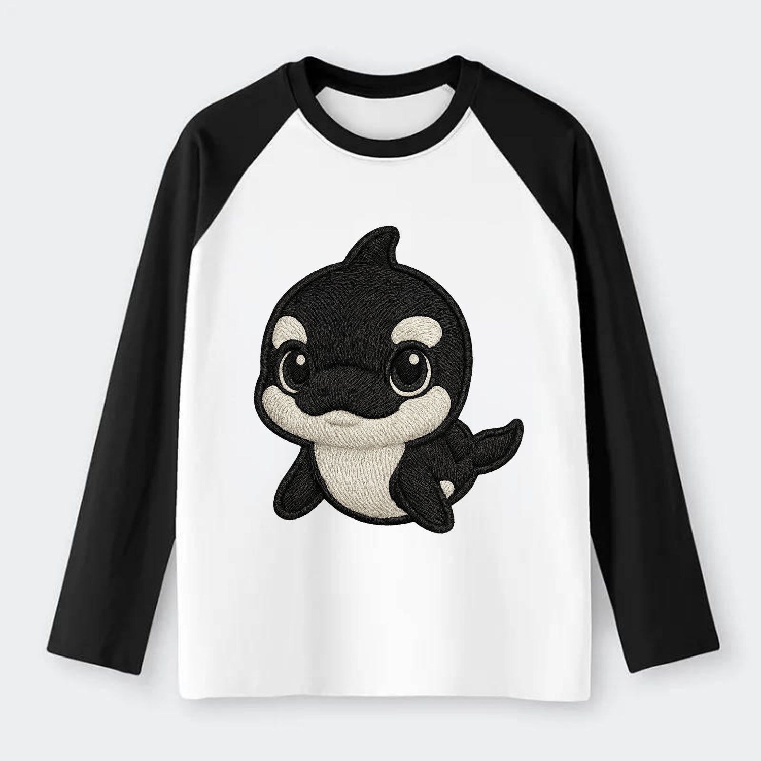 Baby Orca - black and white pattern, white eye patch, front-facing, - Raglan Long Sleeve T-Shirt - Black
