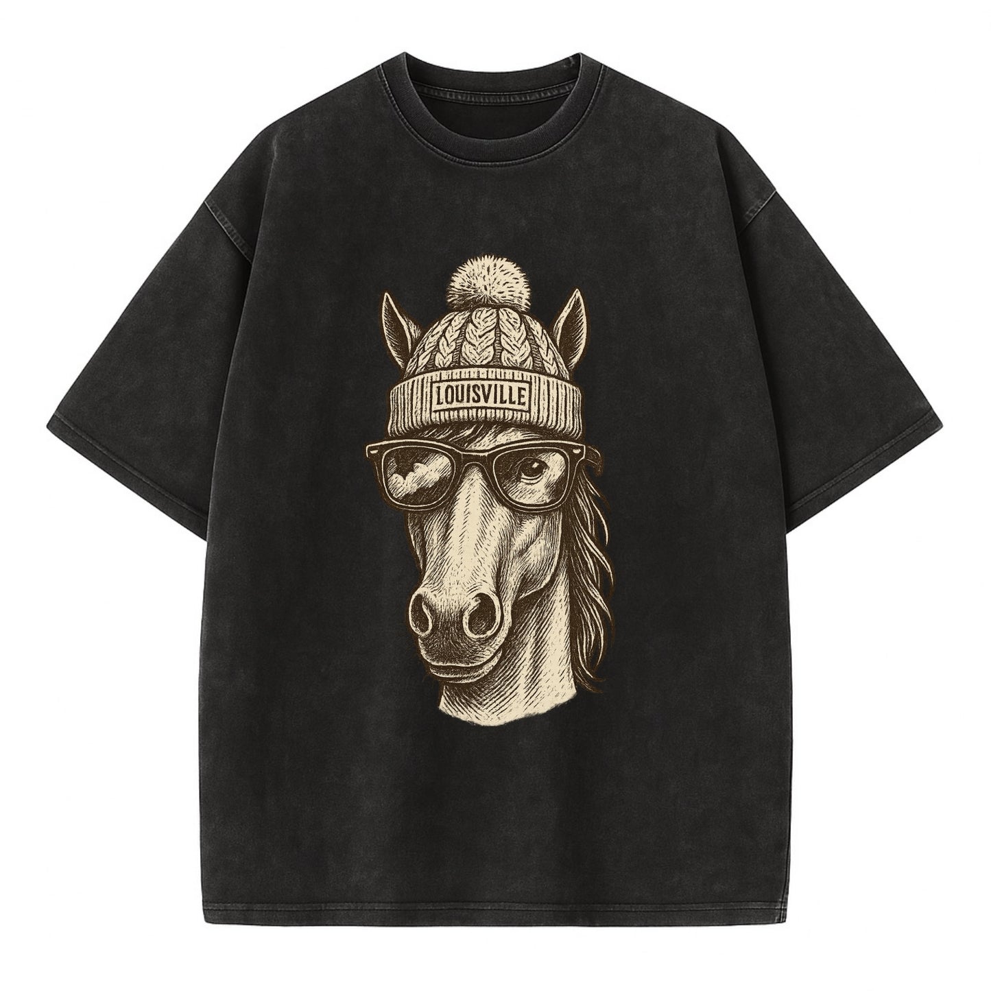 Kentucky Thoroughbred Horse wearing Louisville beanie with pom pom and wayfarer - Vintage T-shirt - Black