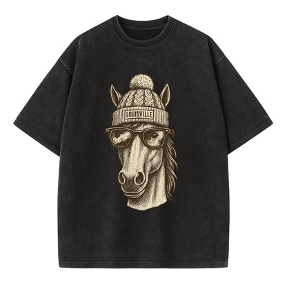 Kentucky Thoroughbred Horse wearing Louisville beanie with pom pom and wayfarer - Vintage T-shirt - Black