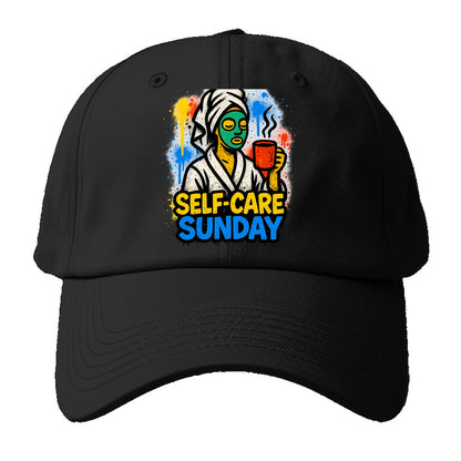 Person in bathrobe with face mask and tea - self-care Sunday ritual, wellness - Baseball Cap - Black