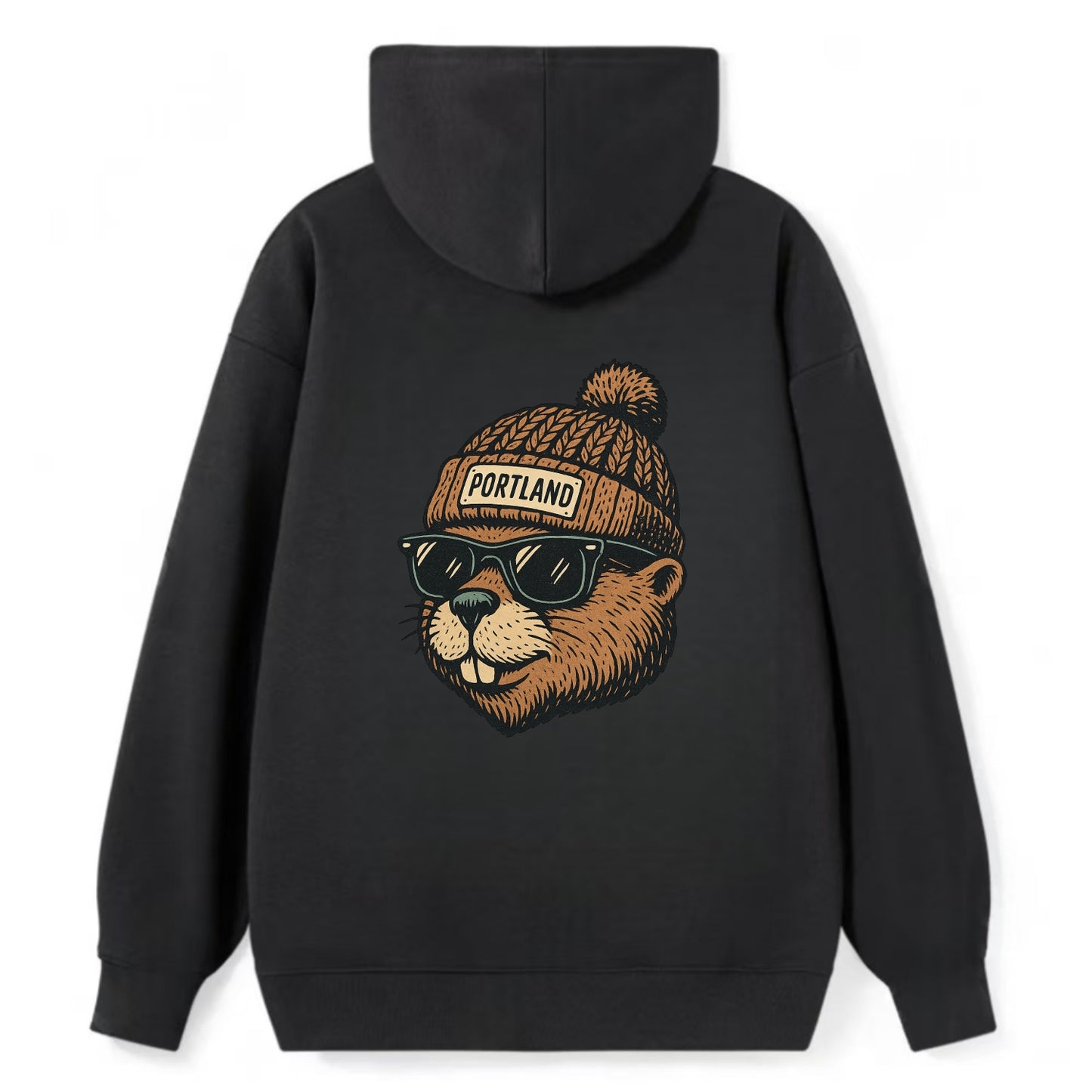 Portland Beaver wearing Portland beanie with pom pom and wayfarer - Classic Pullover Hoodie - Black
