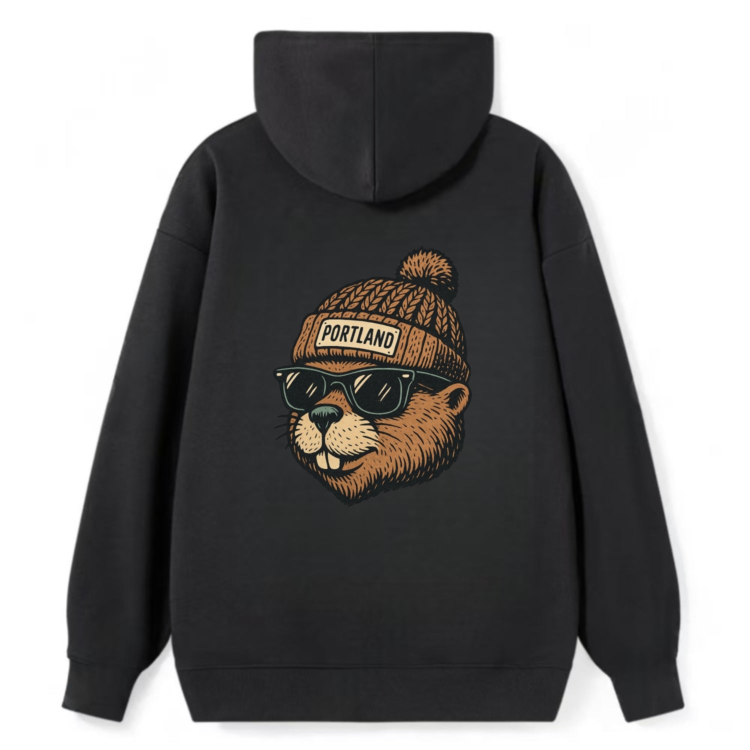 Portland Beaver wearing Portland beanie with pom pom and wayfarer - Classic Pullover Hoodie - Black