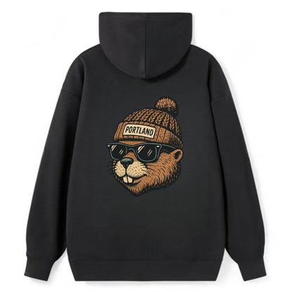 Portland Beaver wearing Portland beanie with pom pom and wayfarer - Classic Pullover Hoodie - Black