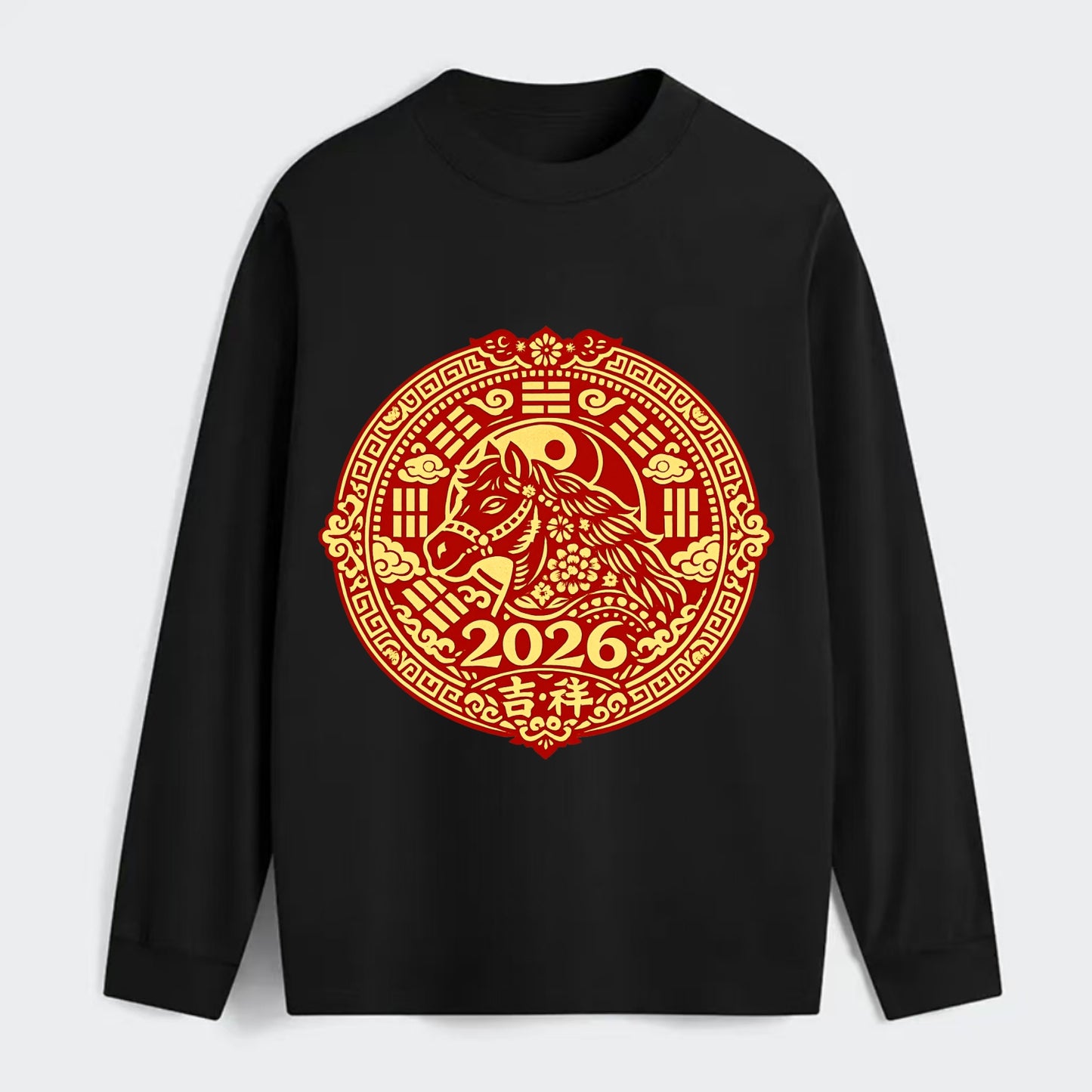 LUCKY HORSE MEDALLION | Circular medallion with horse profile | - Classic Long Sleeve Shirt - Black