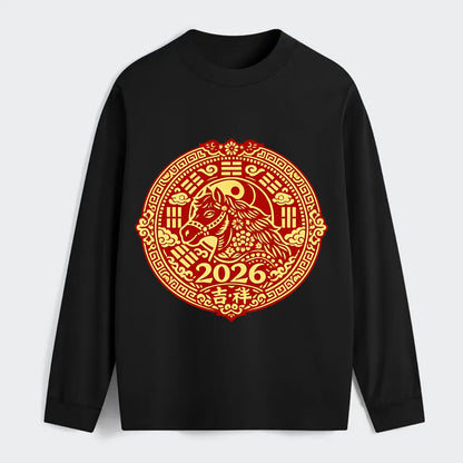LUCKY HORSE MEDALLION | Circular medallion with horse profile | - Classic Long Sleeve Shirt - Black