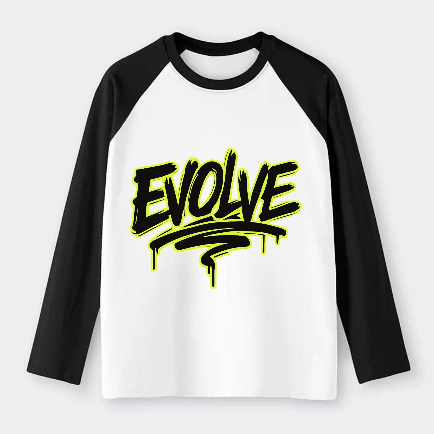 Bold typography design - "EVOLVE" - changing, becoming better - Raglan Long Sleeve T-Shirt - Black