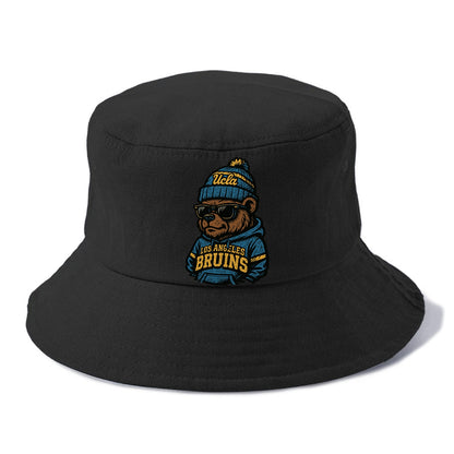 Los Angeles Bruin wearing UCLA beanie with script patch - Bucket Hat - Black