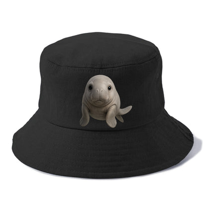 Baby Dugong - gray with paddle tail, gentle expression, whiskers, front-facing, sweet - Bucket Hat - Black