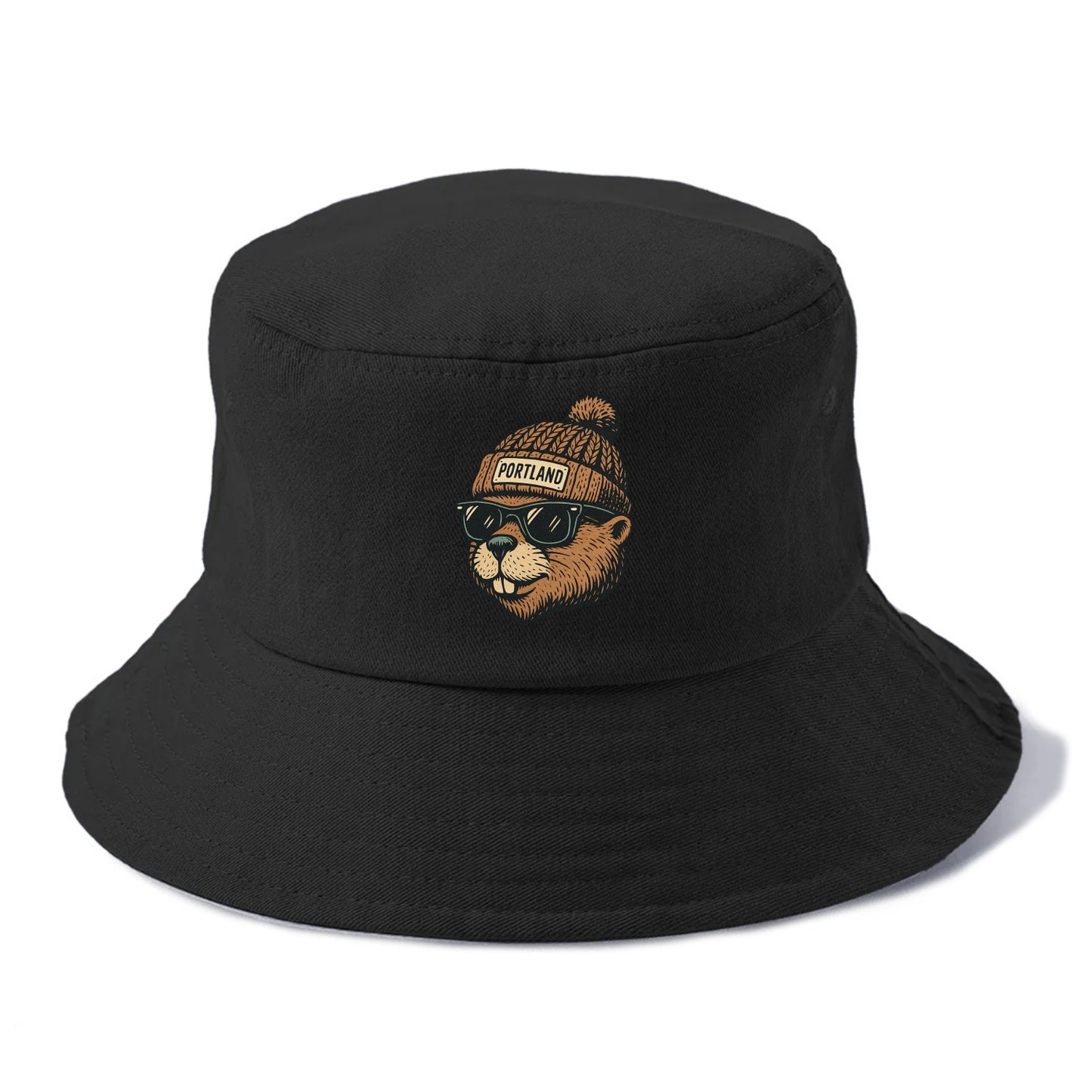 Portland Beaver wearing Portland beanie with pom pom and wayfarer sunglasses - Bucket Hat - Black