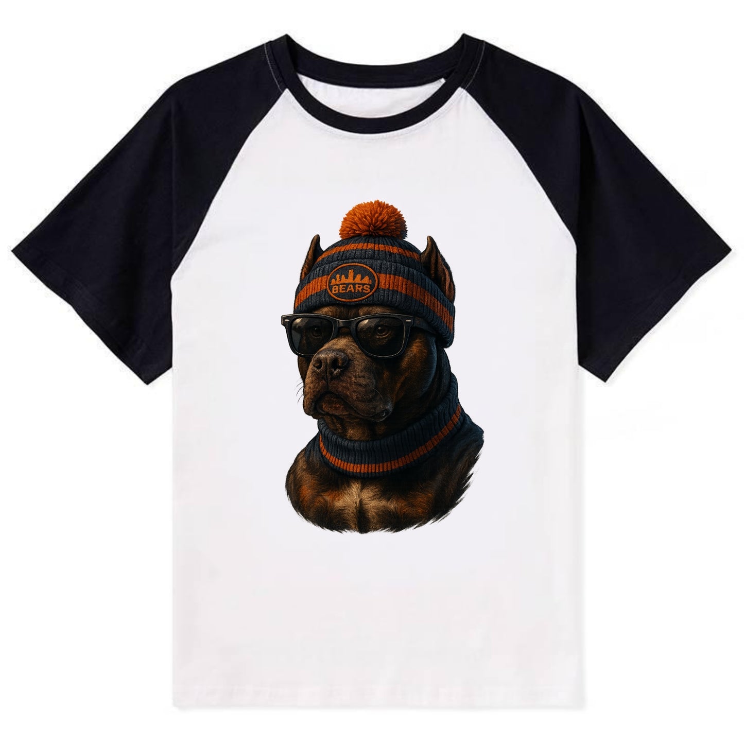Chicago Pitbull wearing Bears beanie with skyline patch and wayfarer - Contrast Raglan T-shirt - Black