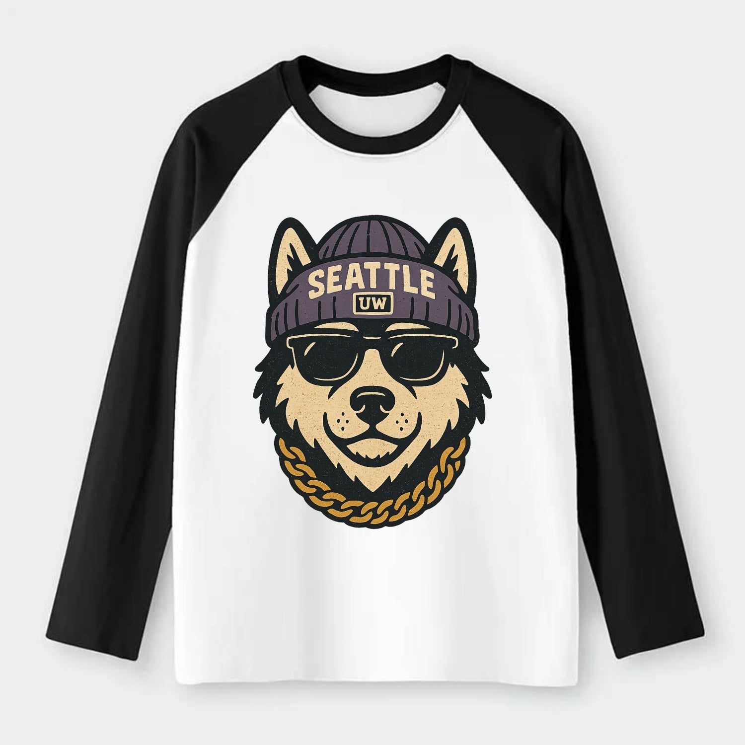 Seattle Husky - Raglan Long Sleeve T-Shirt - Black
