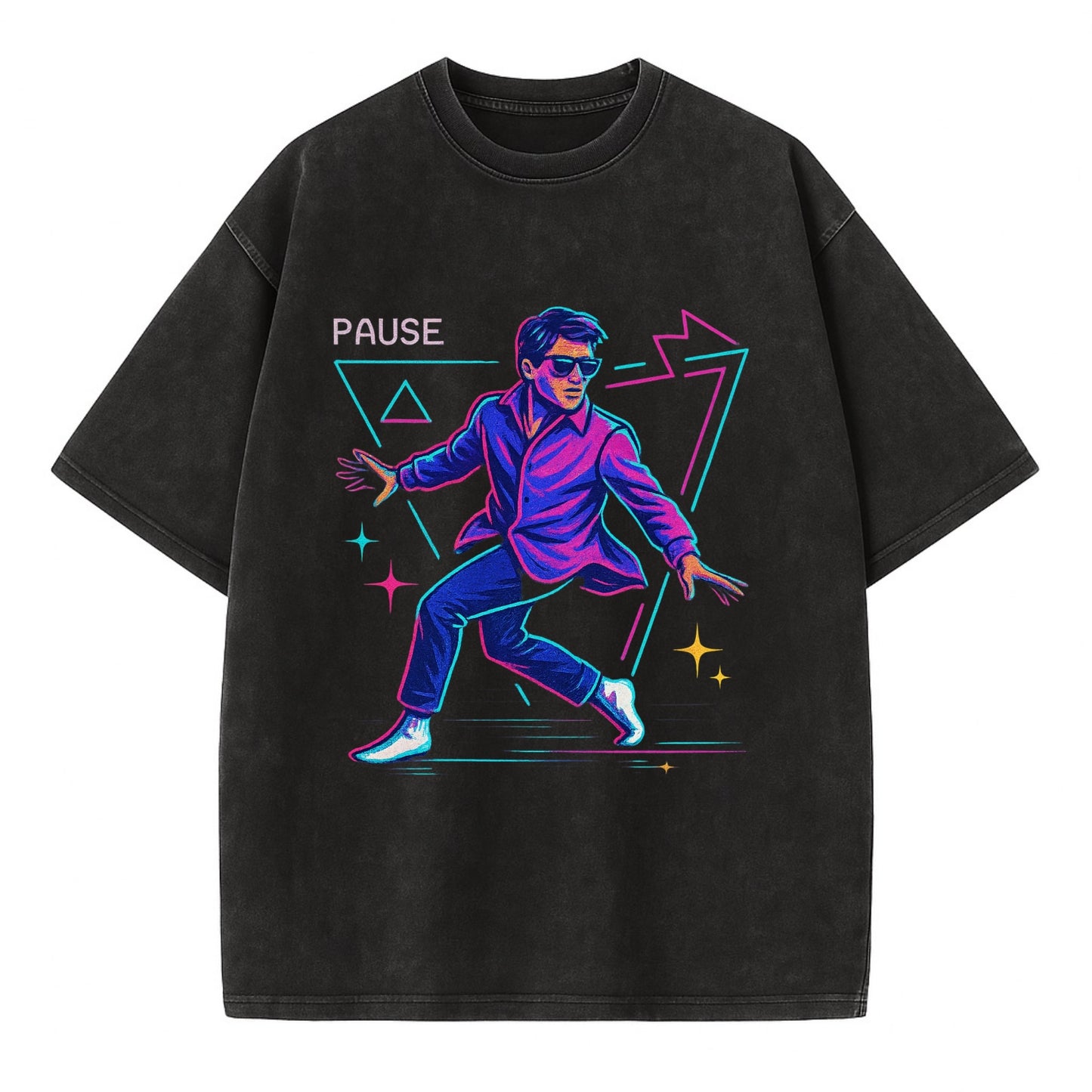 confident figure sliding across polished wooden floor in socks and sunglasses - Vintage T-shirt - Black