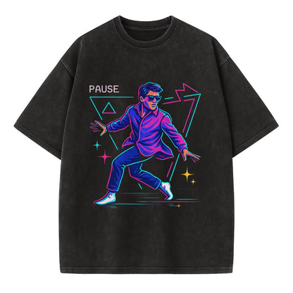 confident figure sliding across polished wooden floor in socks and sunglasses - Vintage T-shirt - Black