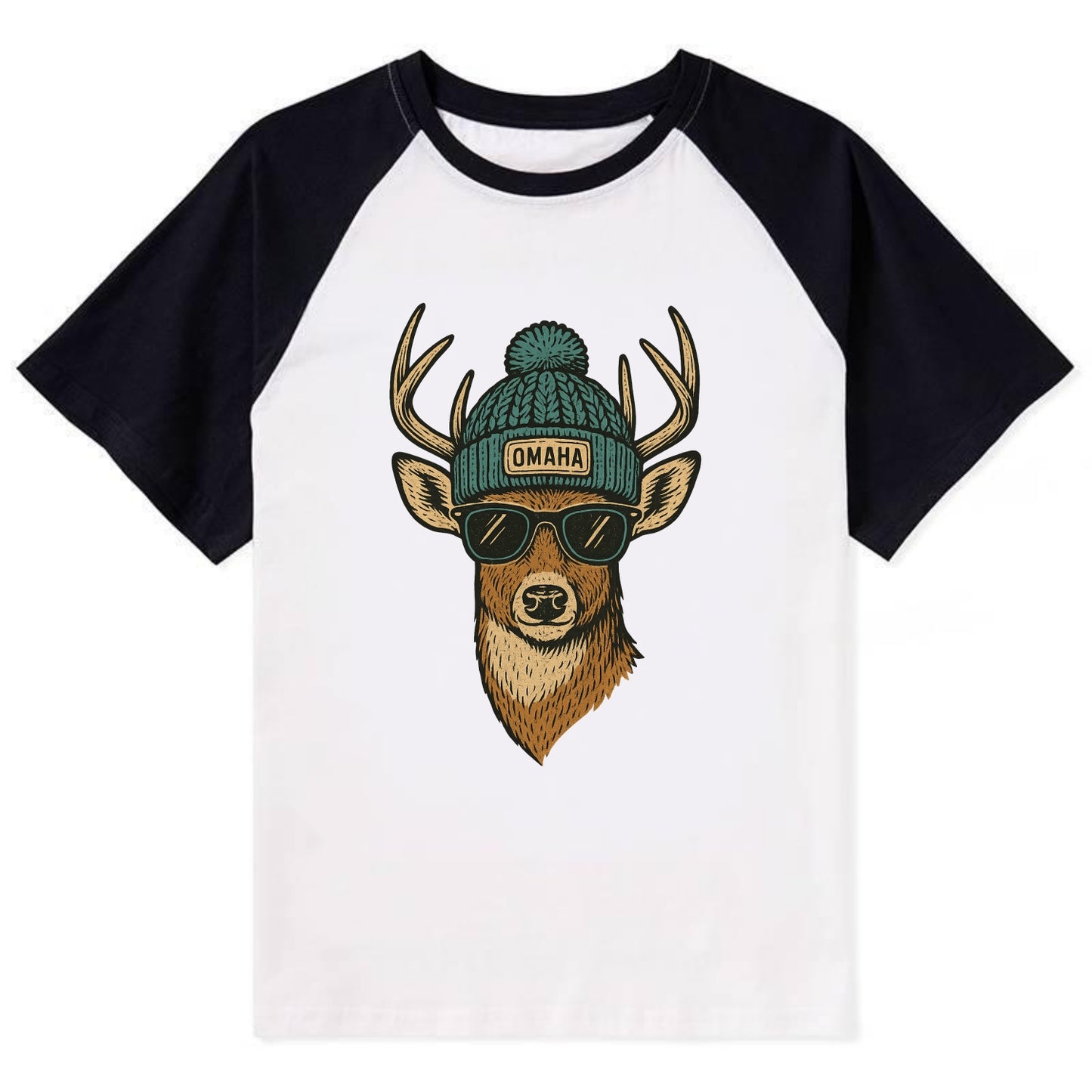 Nebraska White-tailed Deer wearing Omaha beanie with pom pom and wayfarer - Contrast Raglan T-shirt - Black