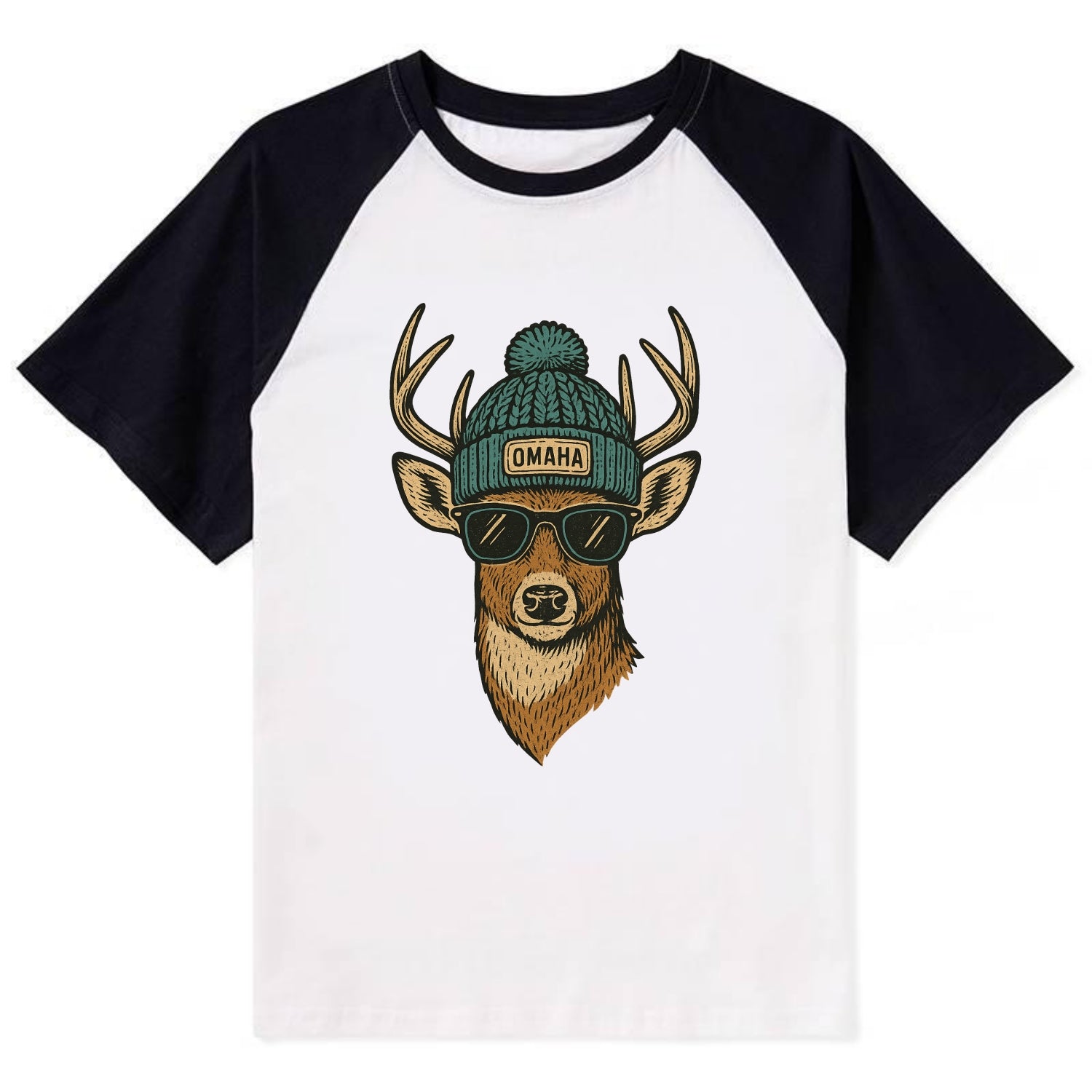 Nebraska White-tailed Deer wearing Omaha beanie with pom pom and wayfarer - Contrast Raglan T-shirt - Black