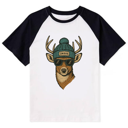 Nebraska White-tailed Deer wearing Omaha beanie with pom pom and wayfarer - Contrast Raglan T-shirt - Black