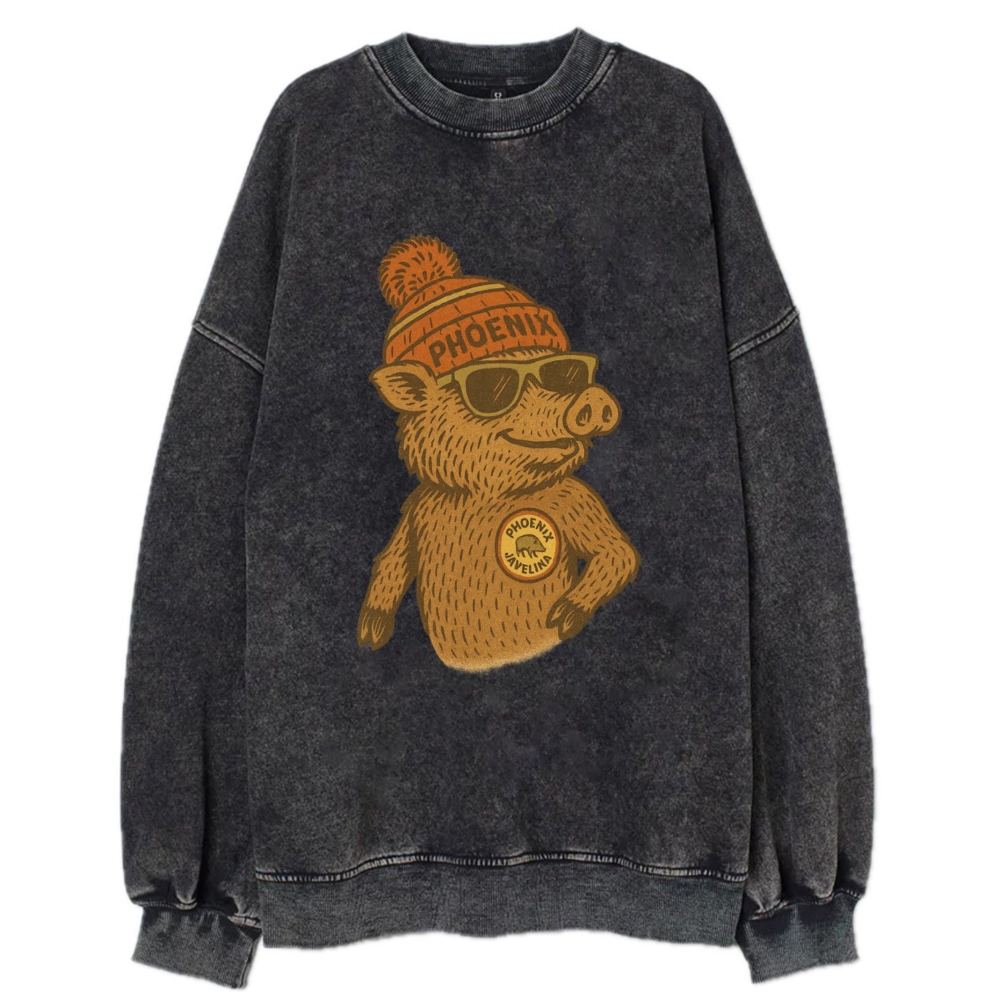 Phoenix Javelina wearing Phoenix beanie with pom pom and wayfarer sunglasses - Vintage Sweatshirt - Black