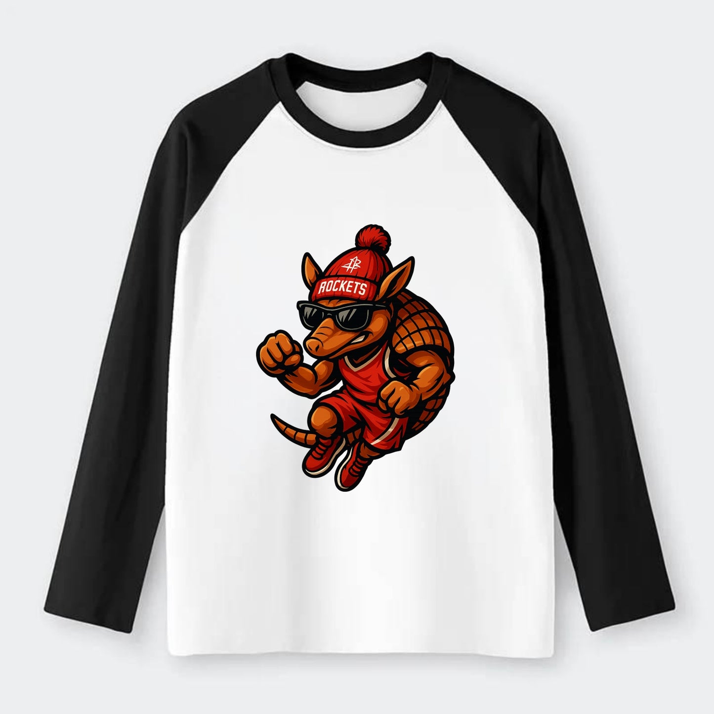 Houston Armadillo wearing Rockets red and silver beanie with rocket - Raglan Long Sleeve T-Shirt - Black